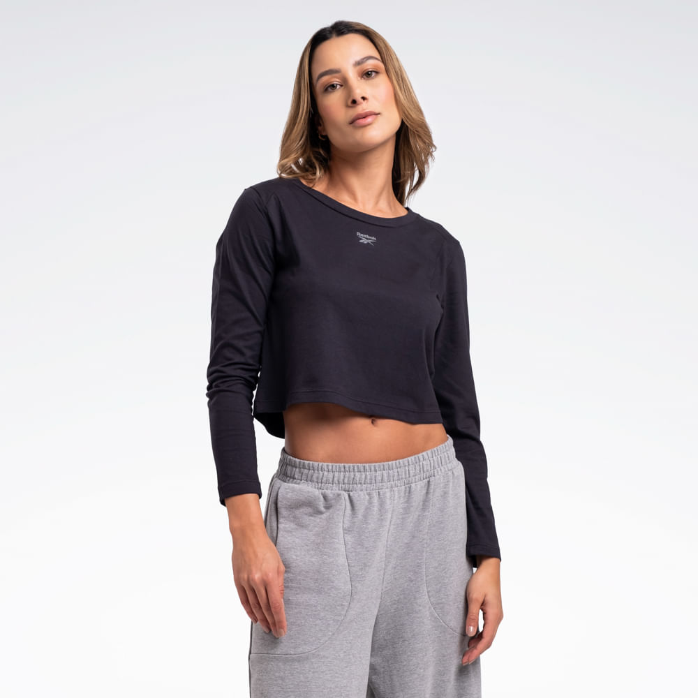 Camiseta Reebok Young Cropped Manga longa Feminina – preto – foto 1