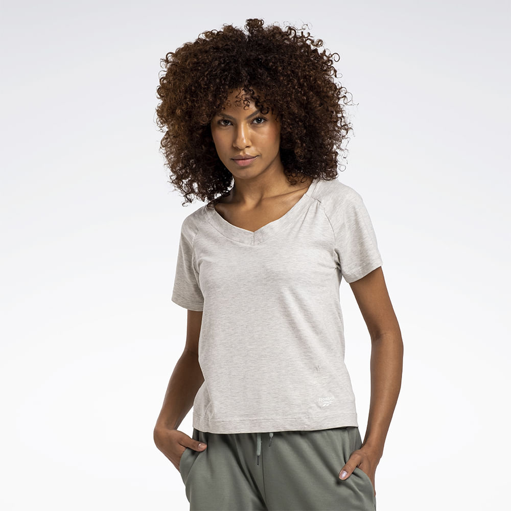Camiseta Reebok Essential V Manga curta Feminina – Cinza mescla – foto 1